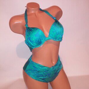 Victoria Secret Swim Bikini Top & Bottom Push Up Blue Floral High Waist Knotted